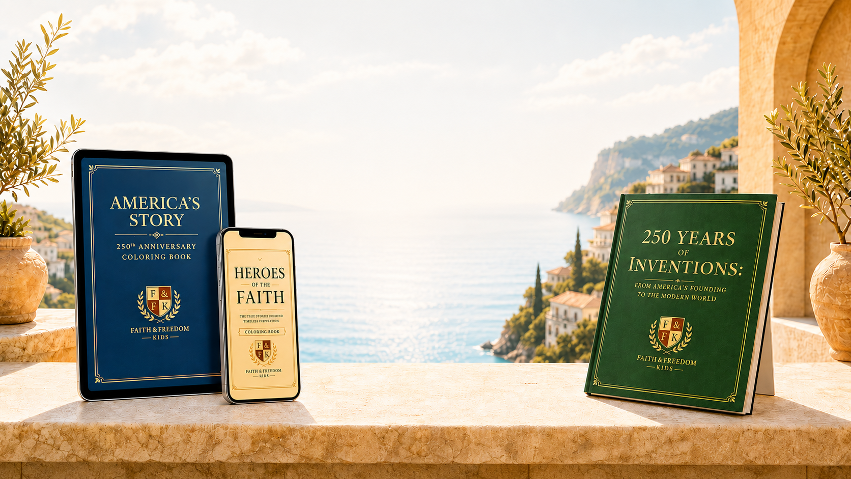 Faith and Freedom Kids books displayed on a luxury coastal terrace