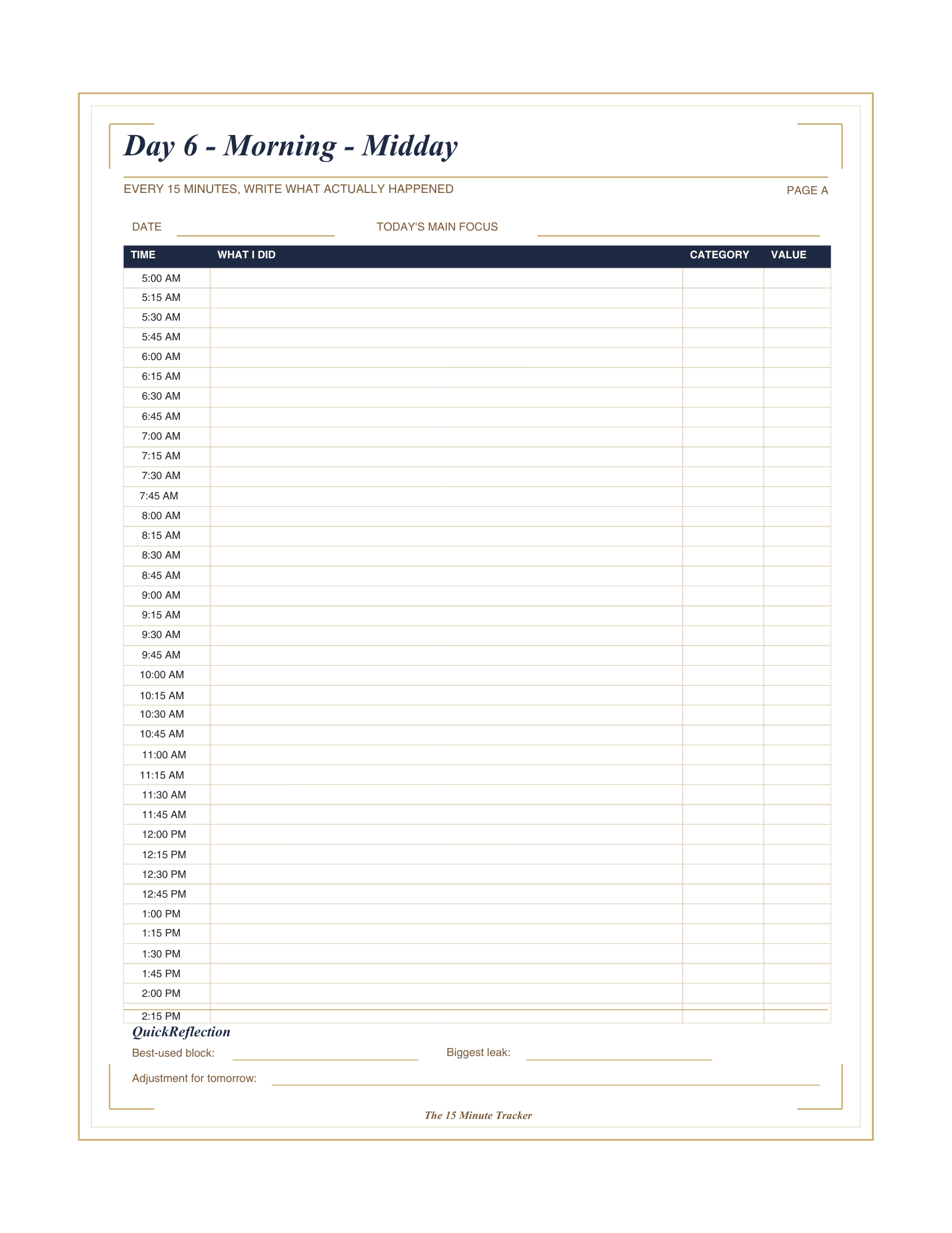 Second interior preview page of the 15 Minute Tracker