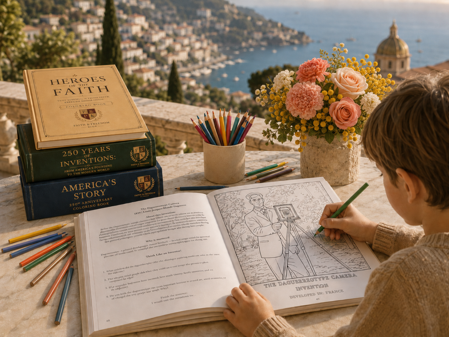A child coloring with Faith and Freedom Kids educational books on a coastal terrace